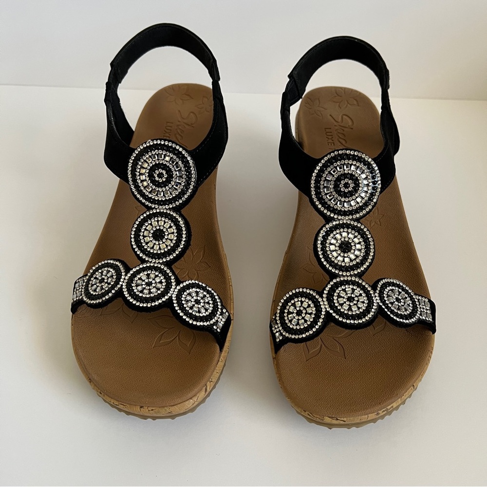 Black Skechers Beverlee Date Glam Wedge Sandals Sparkle Bling Shoes